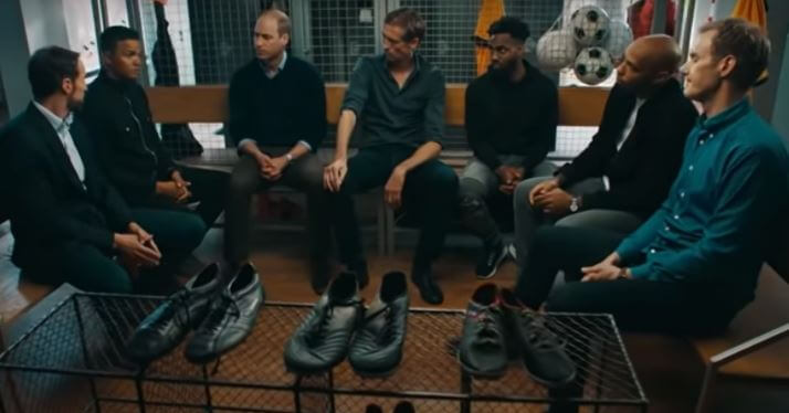 Danny Rose with HRH, the Duke of Cambridge, Gareth Southgate, Thierry Henry, Peter Crouch, and Jermaine Jenas, discussing tackling mental health.